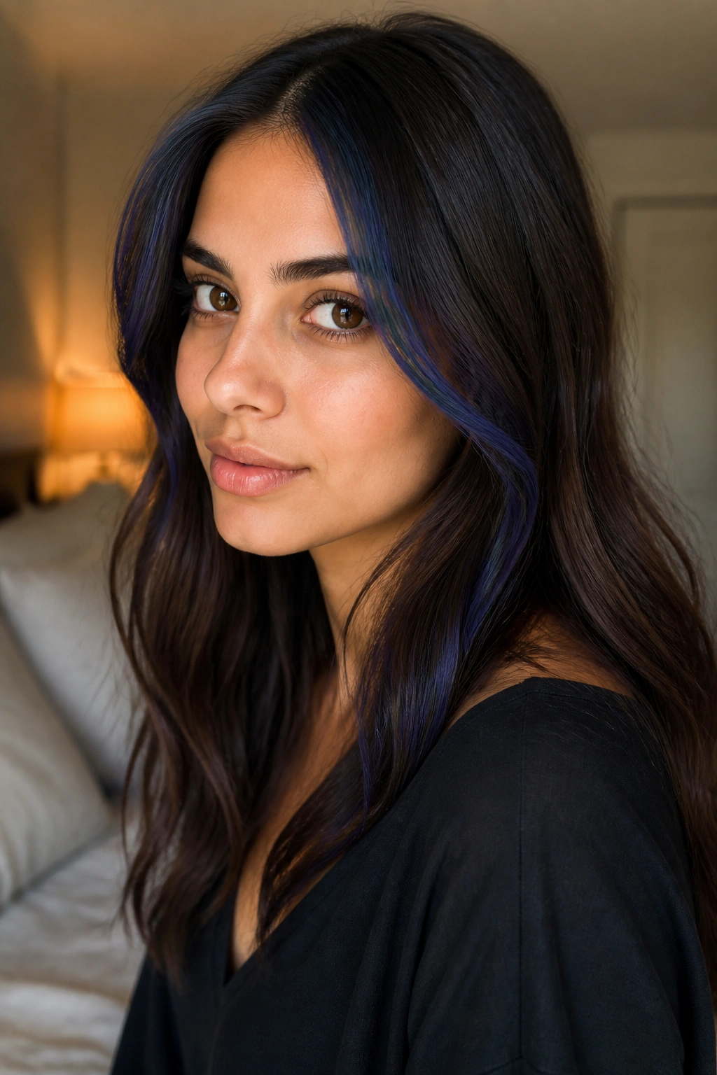 Close-up portrait of a real woman with a midnight indigo money piece framing dark brown hair