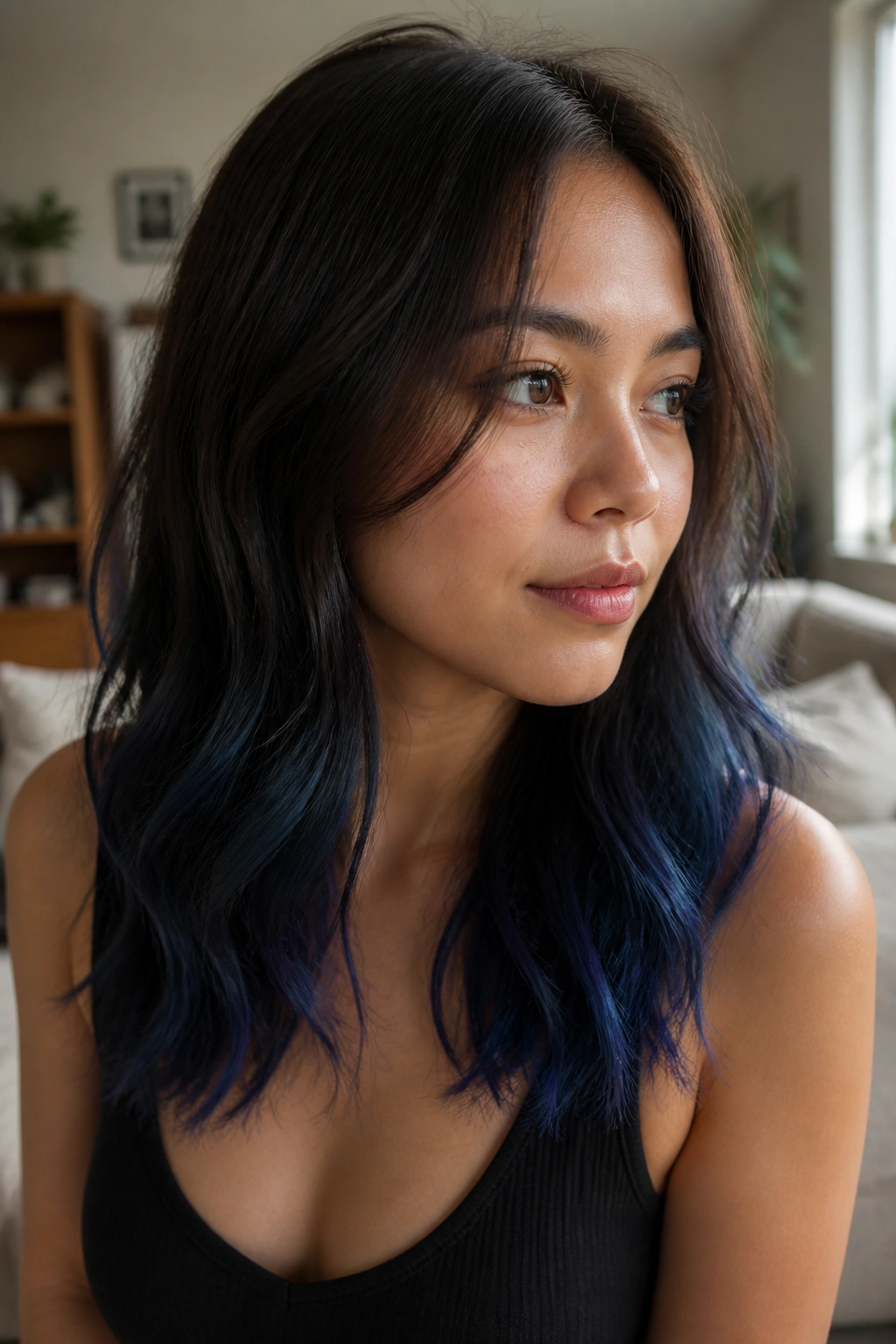 Close-up portrait of a real woman with indigo ends on brown hair in a subtle ombré.