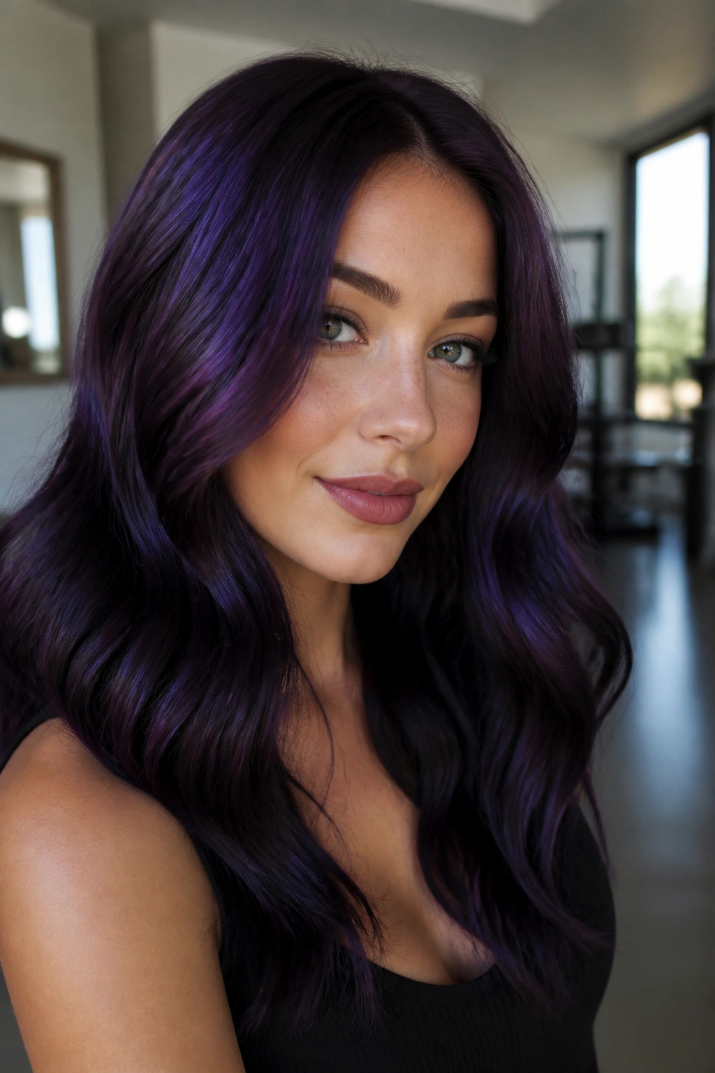 Close-up of a person with deep indigo plum glossy hair in a soft indoor setting