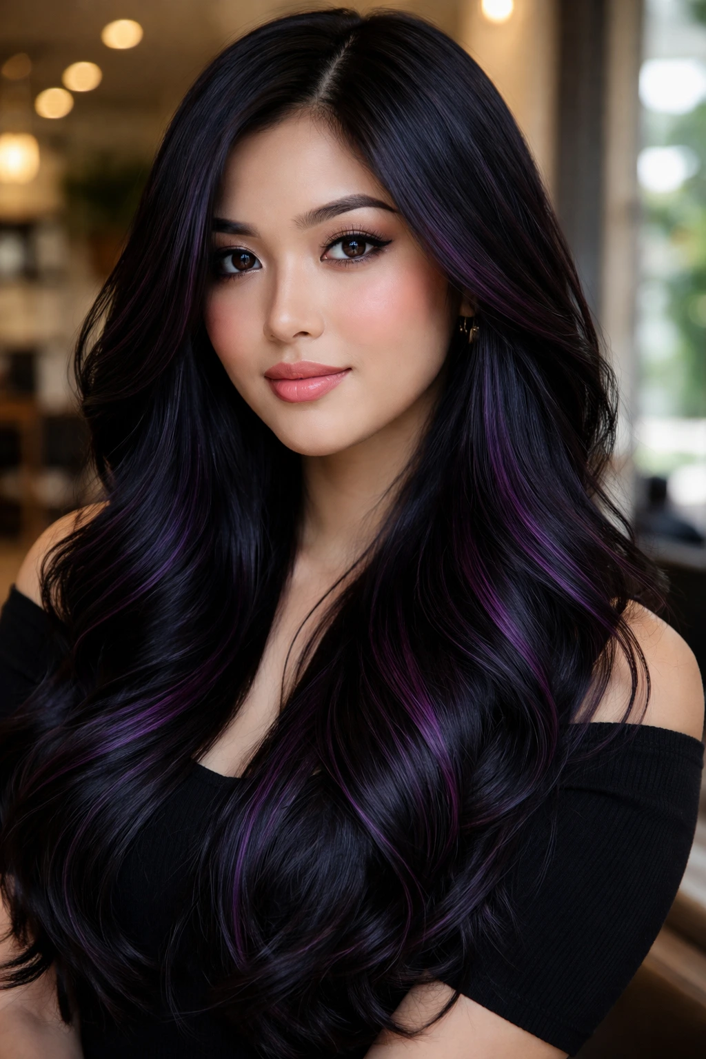 Close-up of a real woman with black hair showing rich indigo-purple lowlights in natural window light