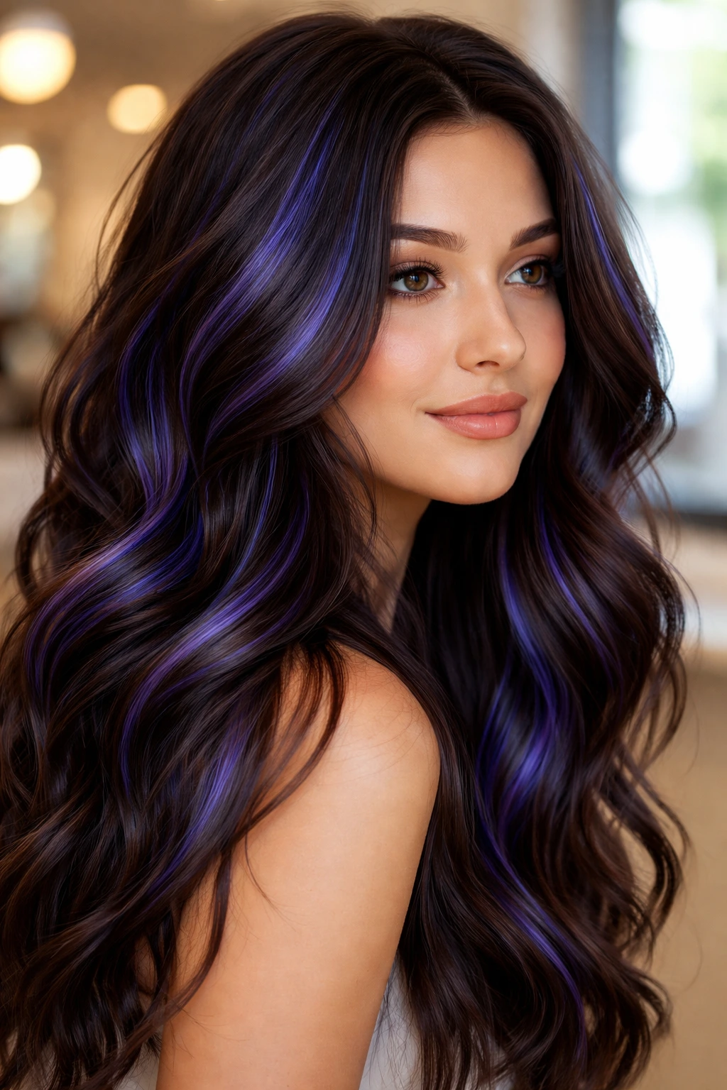 Close-up of a real woman's hair with indigo ribbon highlights woven in.