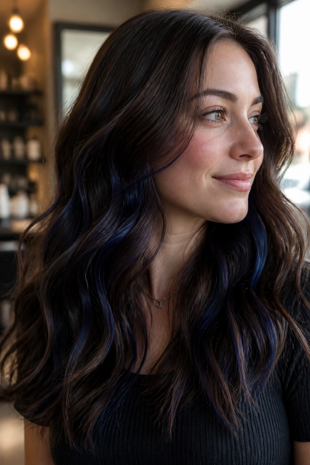 Close-up of a real woman with indigo ribbon highlights woven through brown hair.