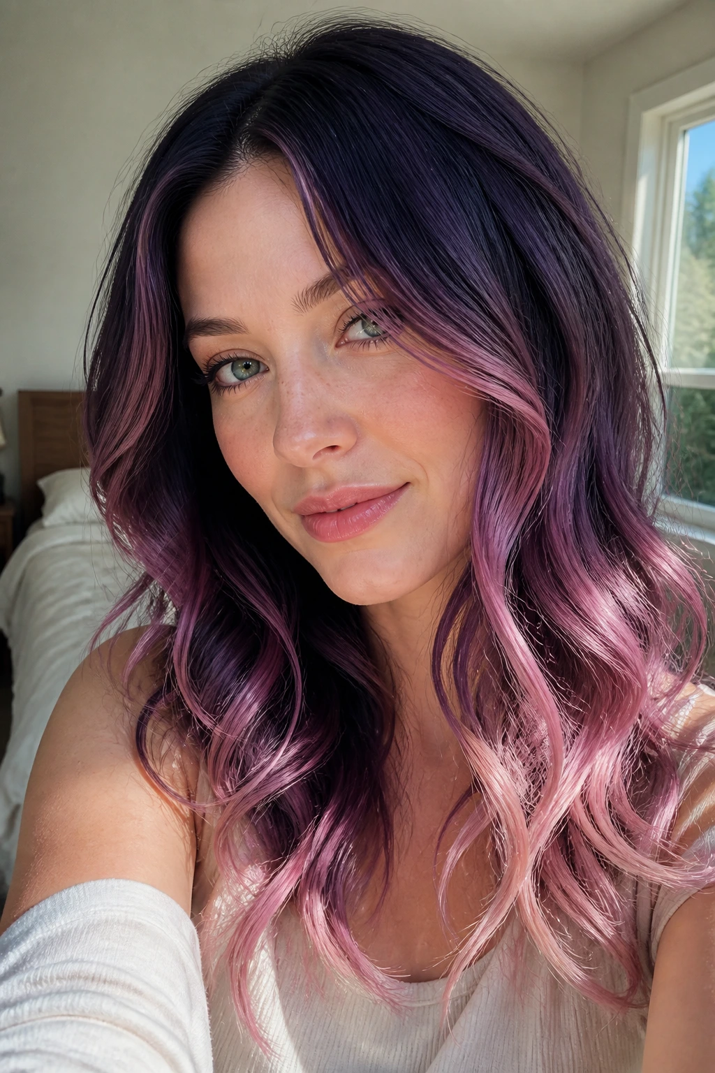 Close-up portrait of indigo to rose quartz streaks hair on a real woman