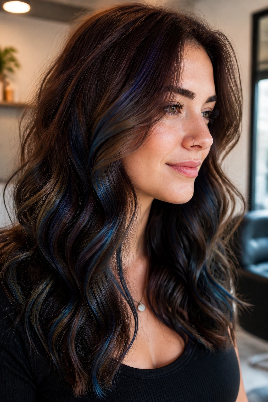 Close-up of smoked chestnut hair with indigo slices on curls in a salon