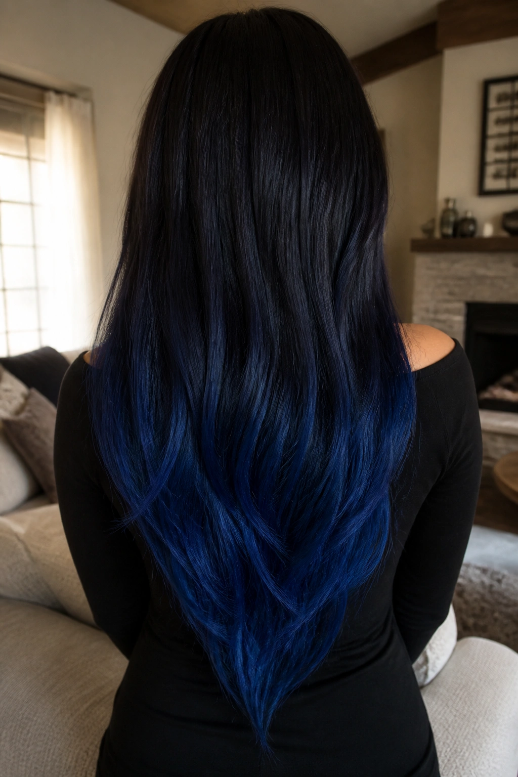 Back view of real person with indigo ombre V-cut long hair