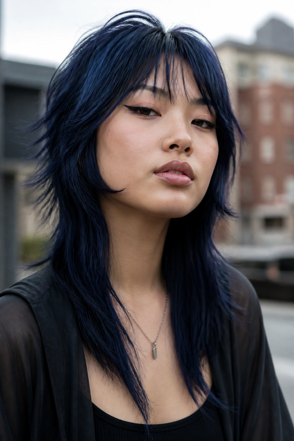 Close-up of a real person with an indigo wolf cut and choppy ends.