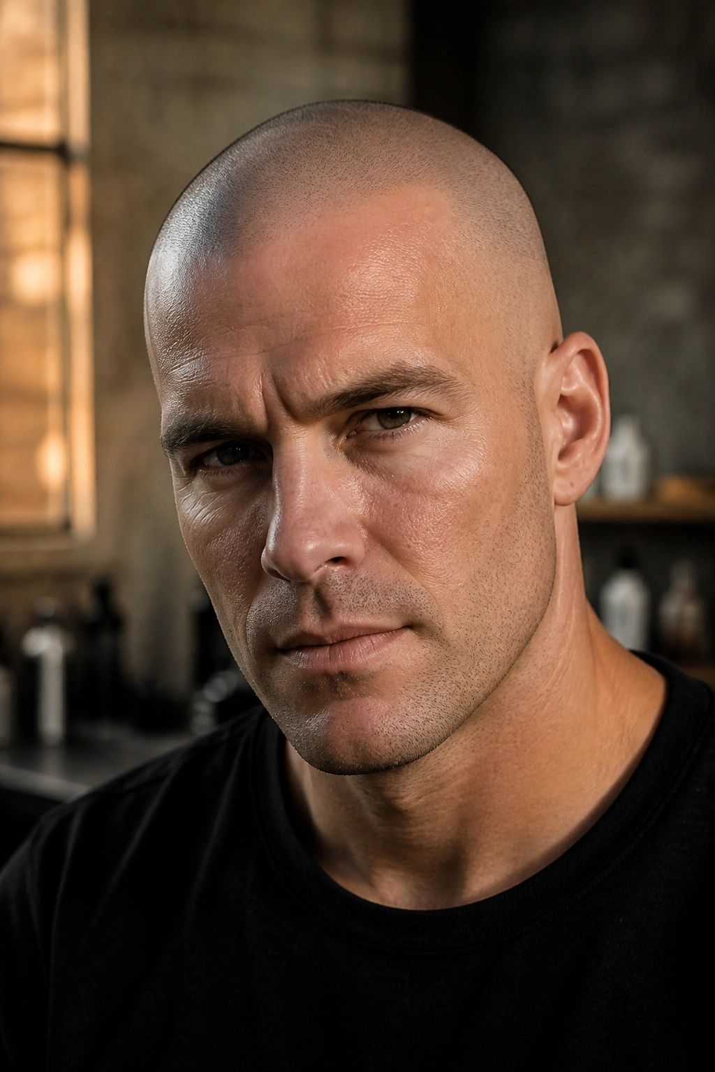 Close-up portrait of a man with an induction buzz cut, scalp and bone structure visible