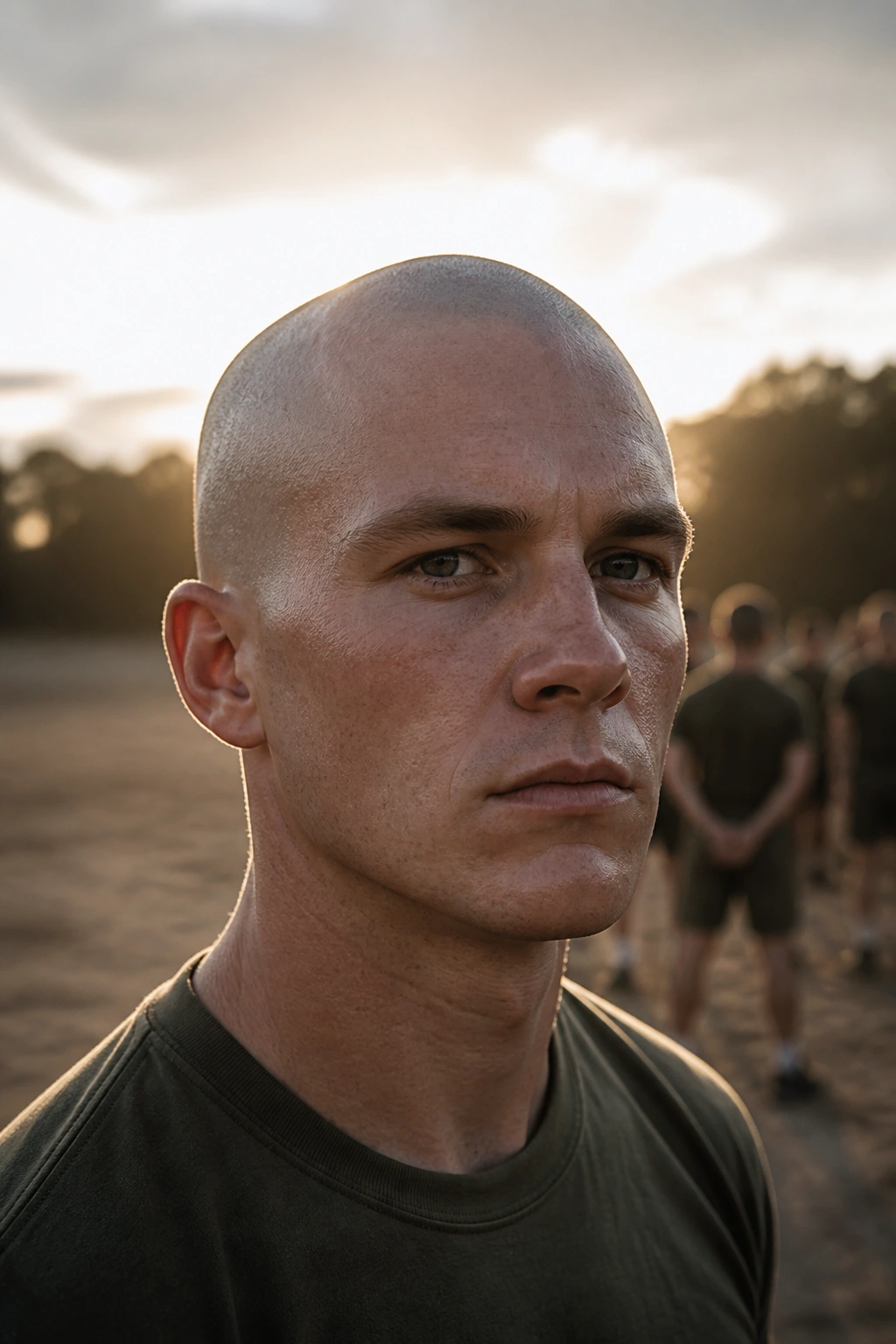 Close-up portrait of a man with an induction cut at a military-style training ground