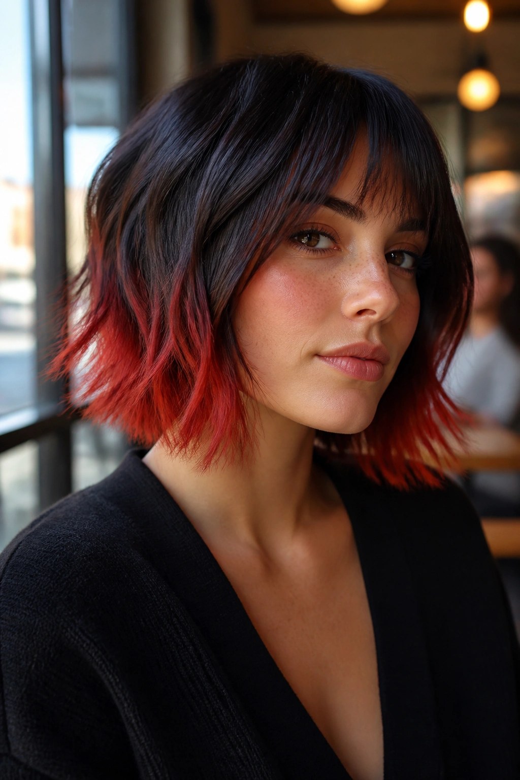 Close-up of a real woman with a textured bob and inferno red ends.