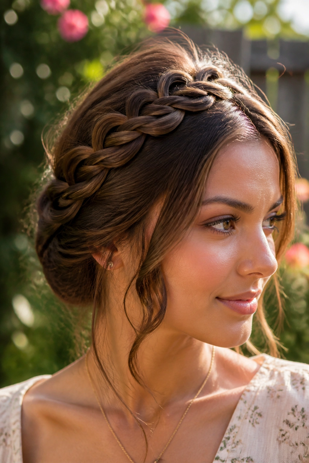 Close-up of a real woman with an infinity braid looping around the crown in golden-hour light.
