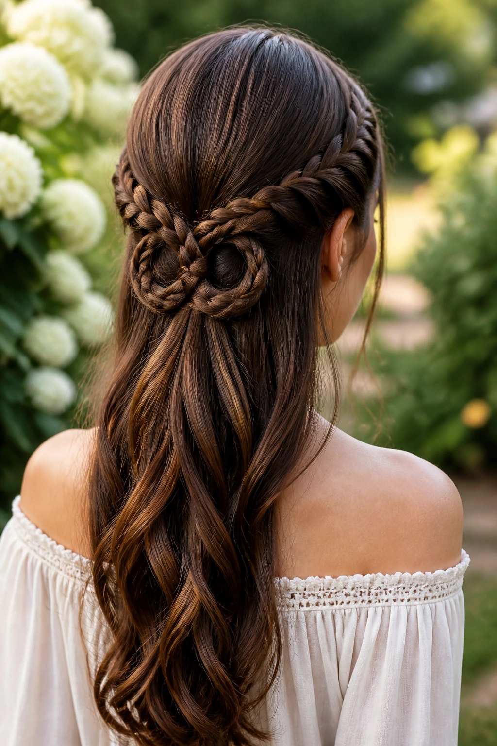 Back-of-head view showing an infinity braid looping around the nape on a real person outdoors.