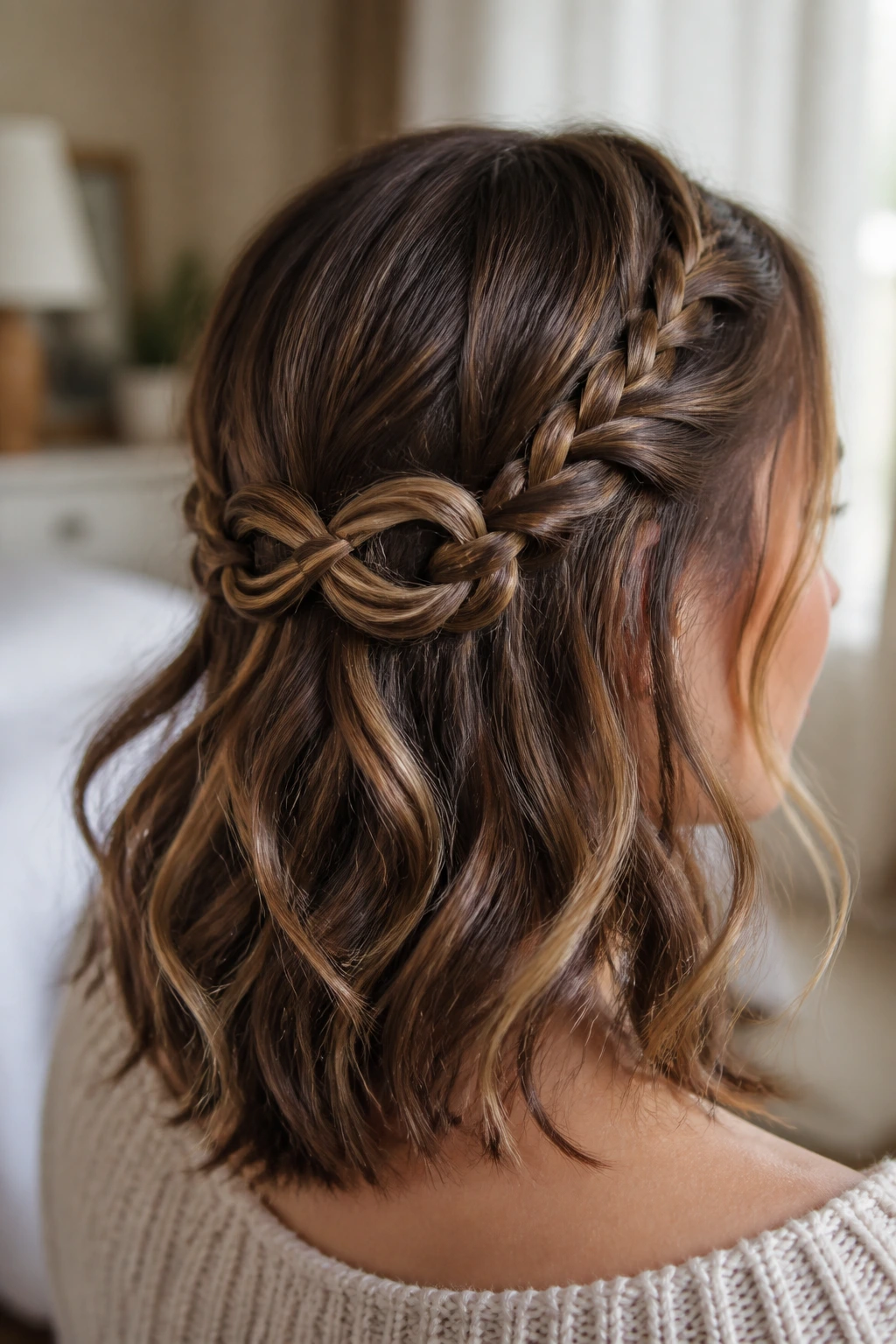 Close-up of a real woman showing an infinity braid looping at the back of her head