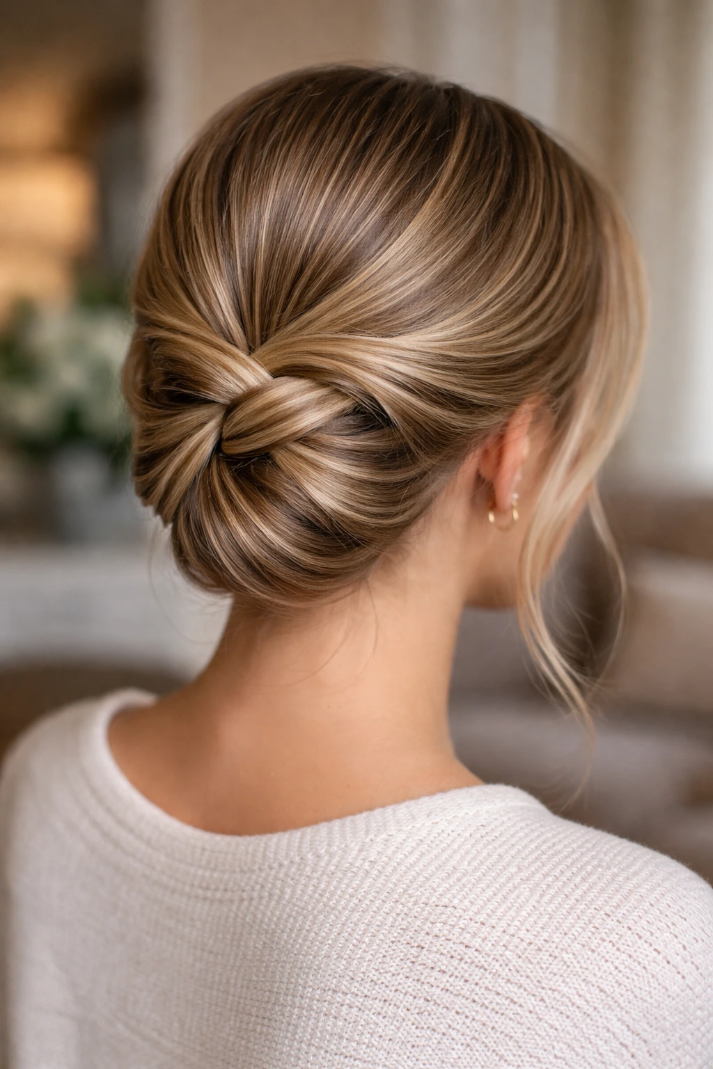 Back-of-head view of a real person with an infinity knot hair sculpture