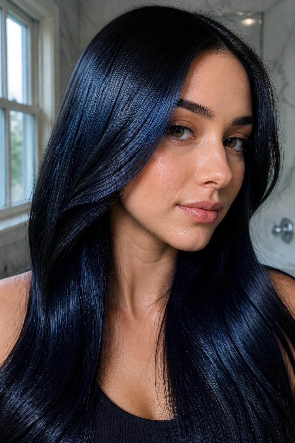 Close-up of real person with ink-black hair enhanced by blue gloss