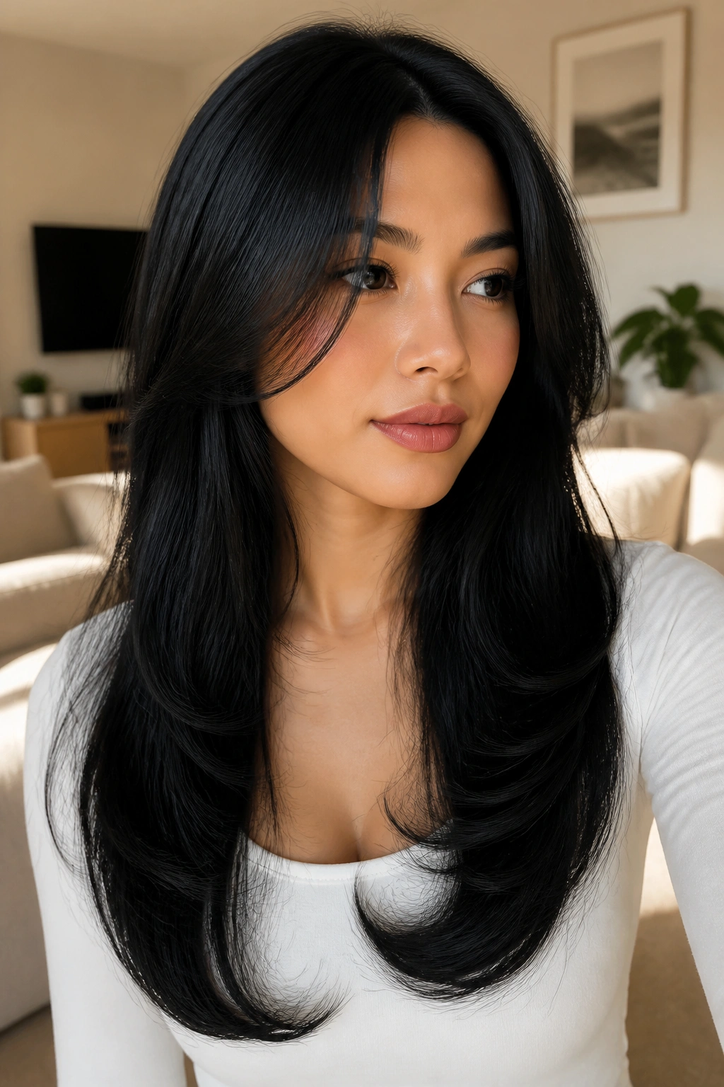 Close-up of a real woman with ink-black long U-shaped layered hair, glossy and smooth.
