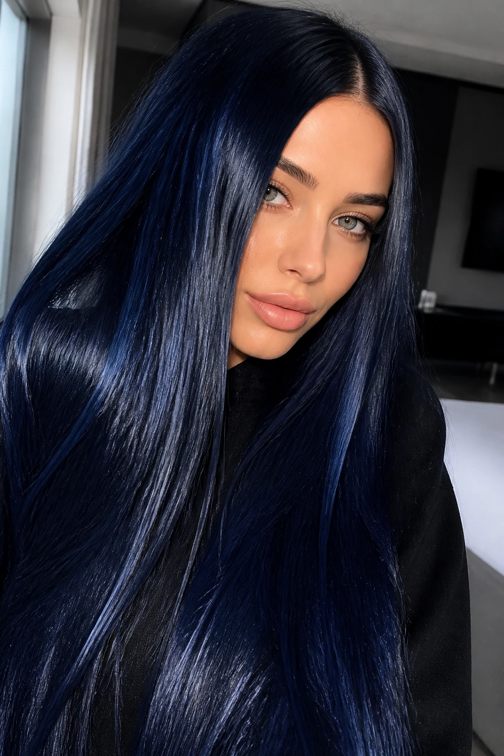 Close-up of a woman with ink blue glossy straight hair under soft lighting