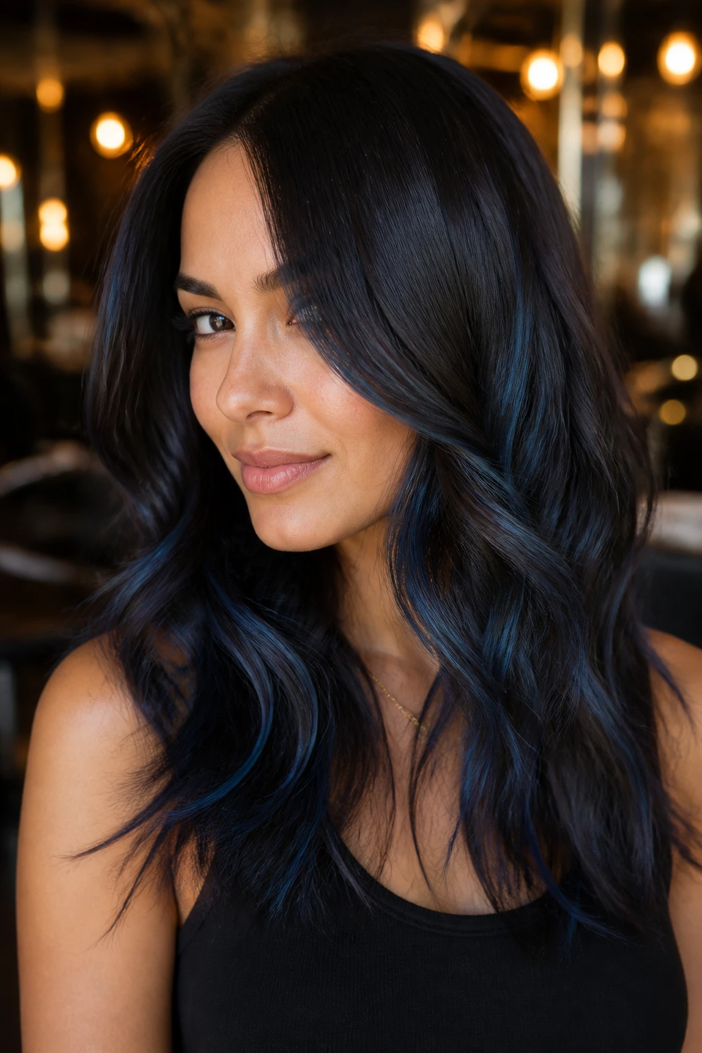 Espresso hair with ink wash balayage and subtle blue streaks