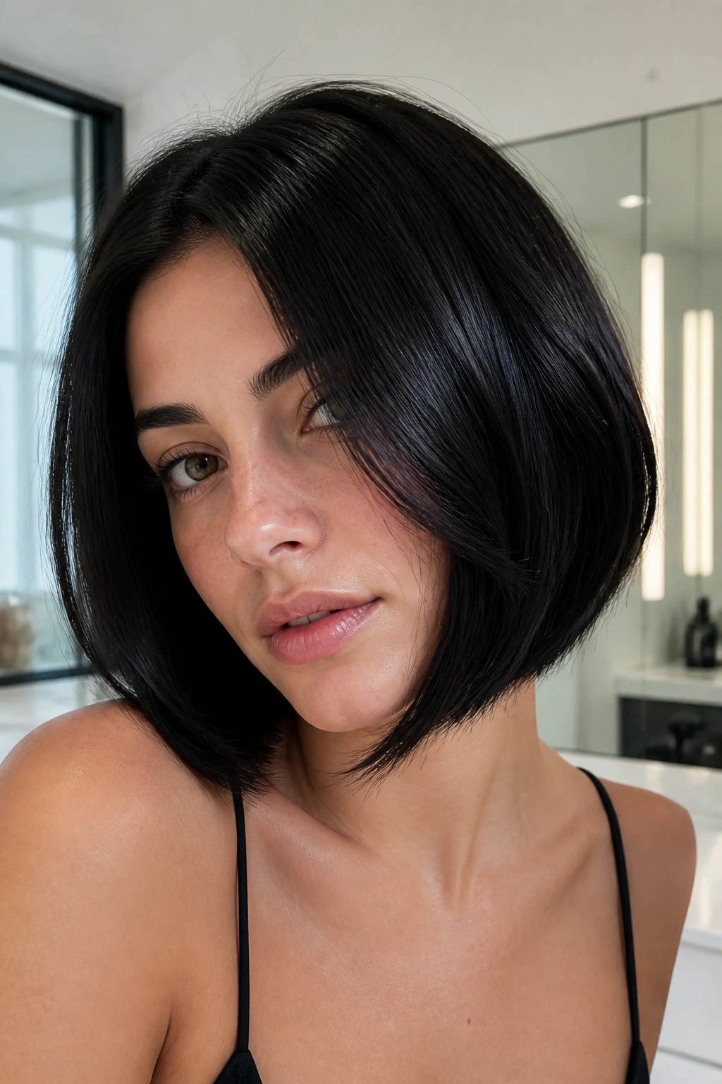 Close-up portrait of a woman with glossy inked brunette hair