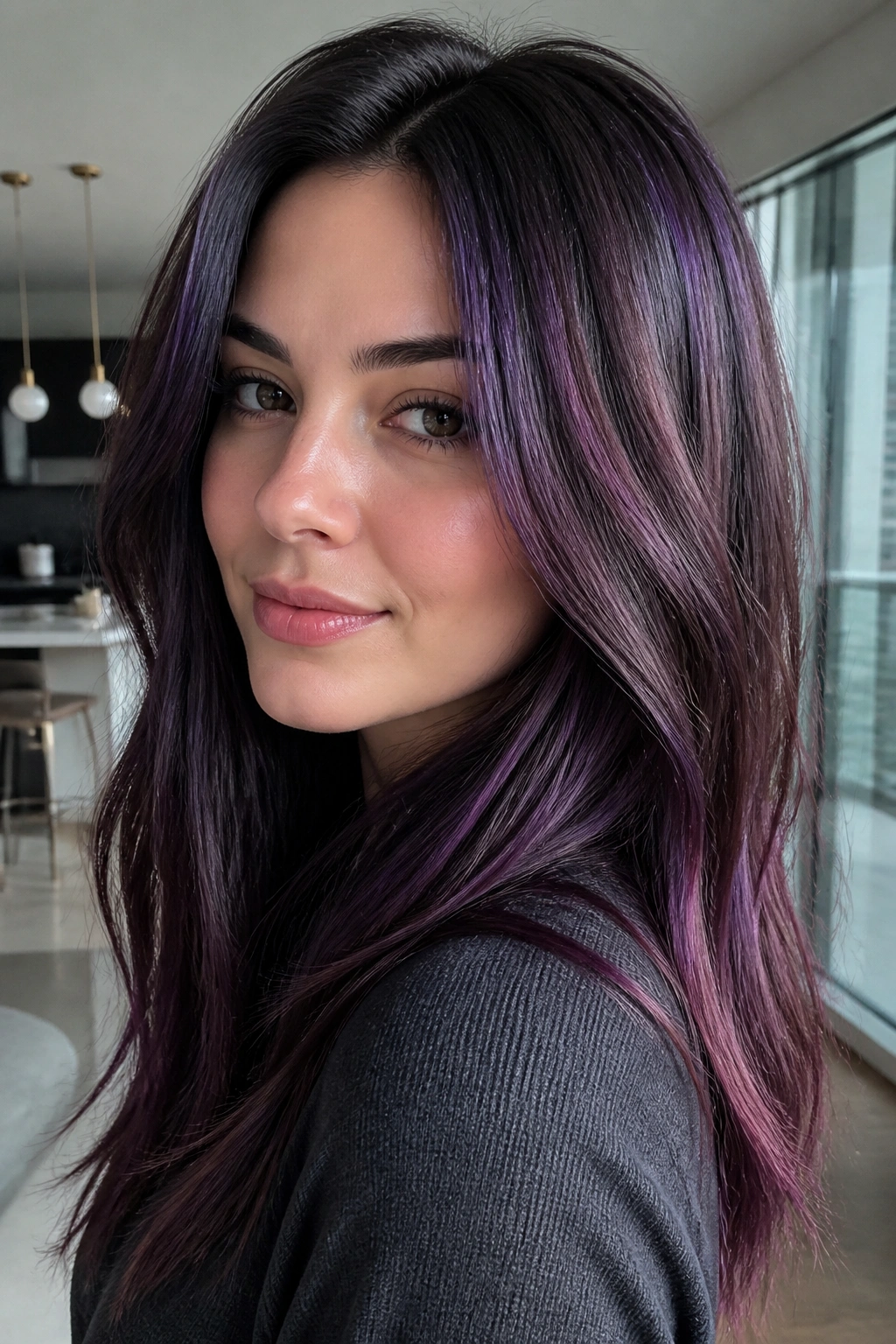 Close-up of cool-toned purple-brown hair with inkier plum notes