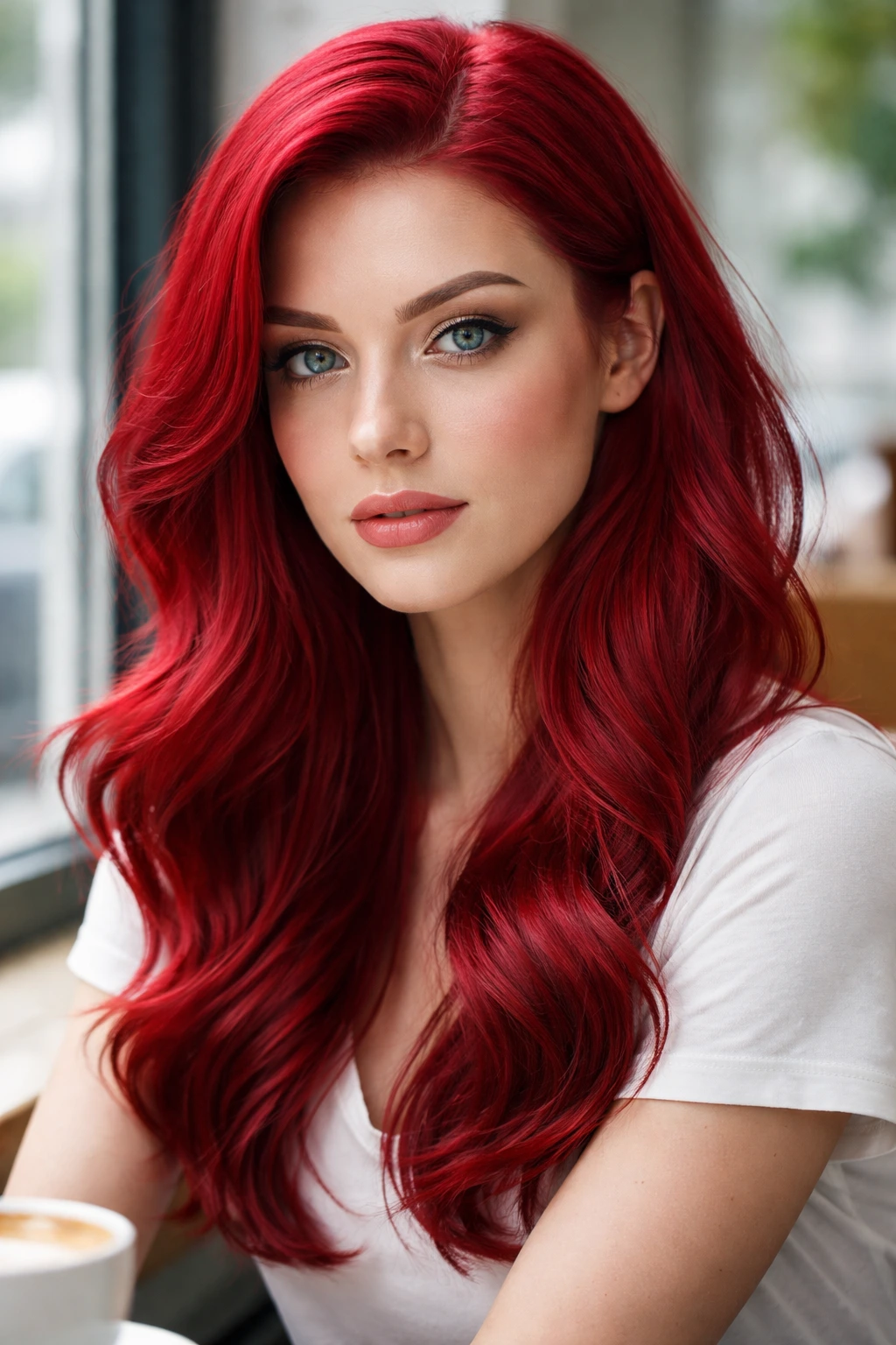 Intense ruby hair close-up on a real woman in a cafe window setting
