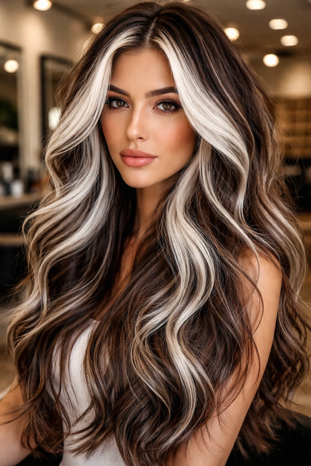 Intense white highlights on brunette hair in a real person