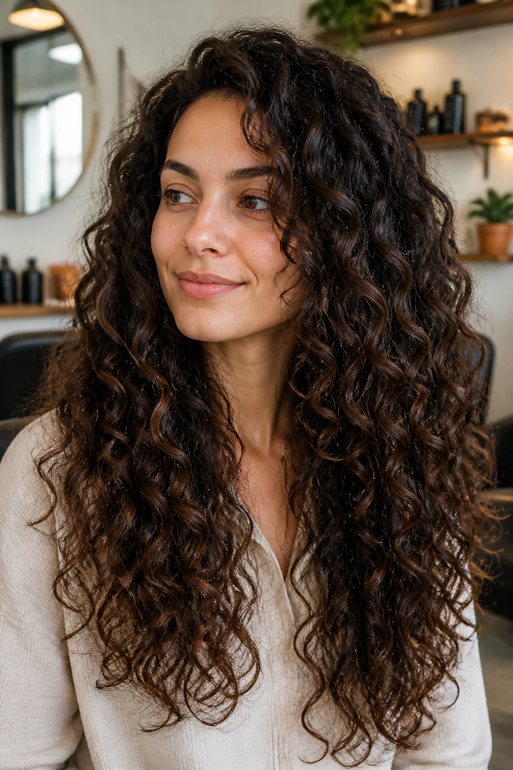 Close-up of a real woman with long curly hair showing inner volume for debulking.