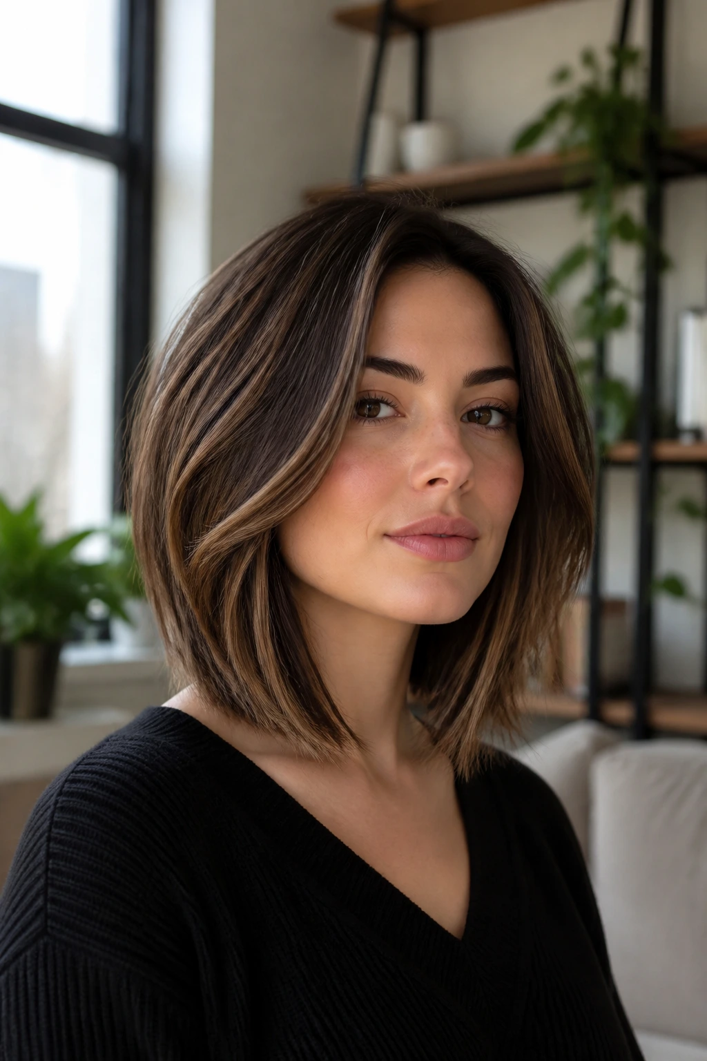 Close-up of a real woman with Internal-Layer Lob showing subtle internal layers and lifted middle