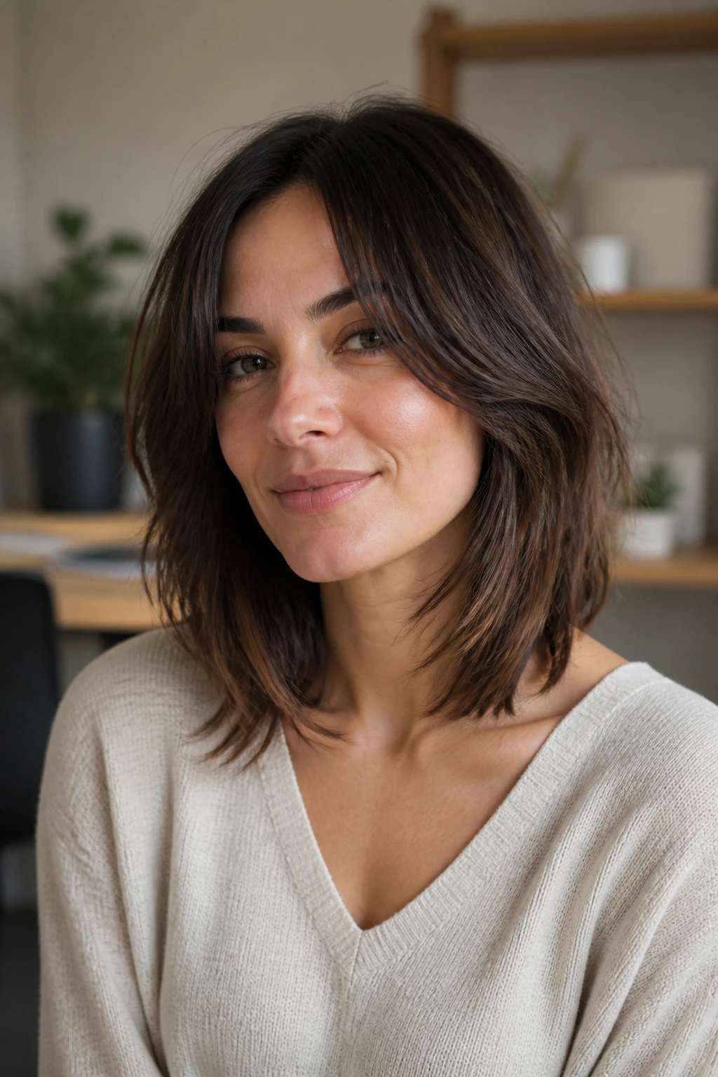 Close-up portrait of a real woman with an internal-layer lob hairstyle