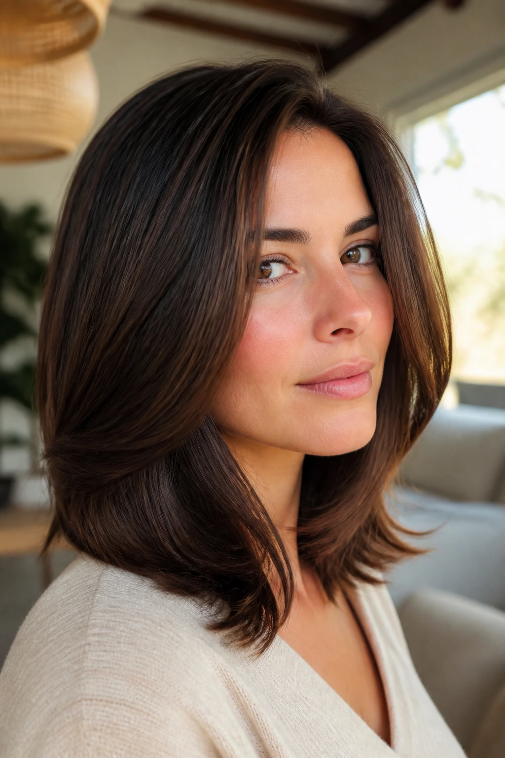 Close-up of a real woman with subtle internal layering for a sleeker profile