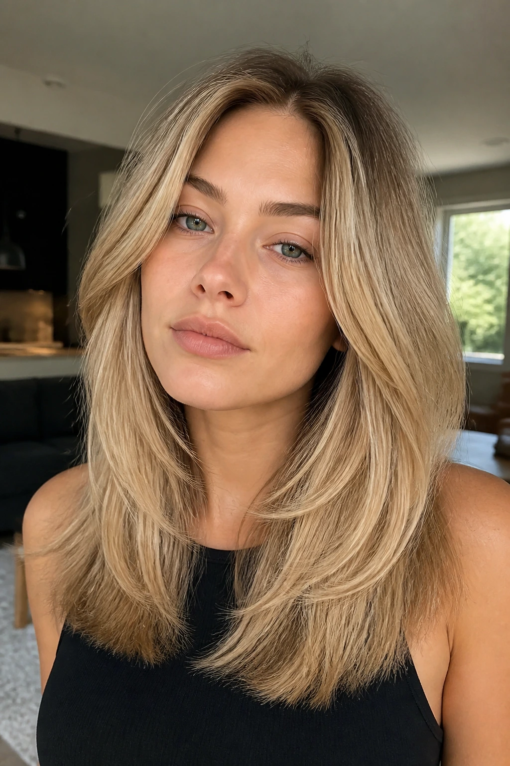 Real woman with internal layers and blunt perimeter in warm blonde highlights