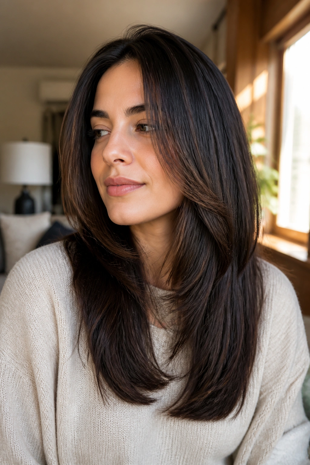 Close-up of a real woman with internal layers hiding bulk in thick hair, warm living room setting
