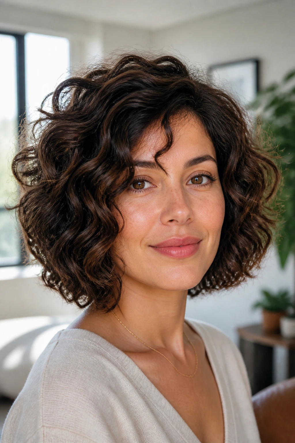Close-up of a real woman with internal layers in a curly bob for lighter mid-length volume