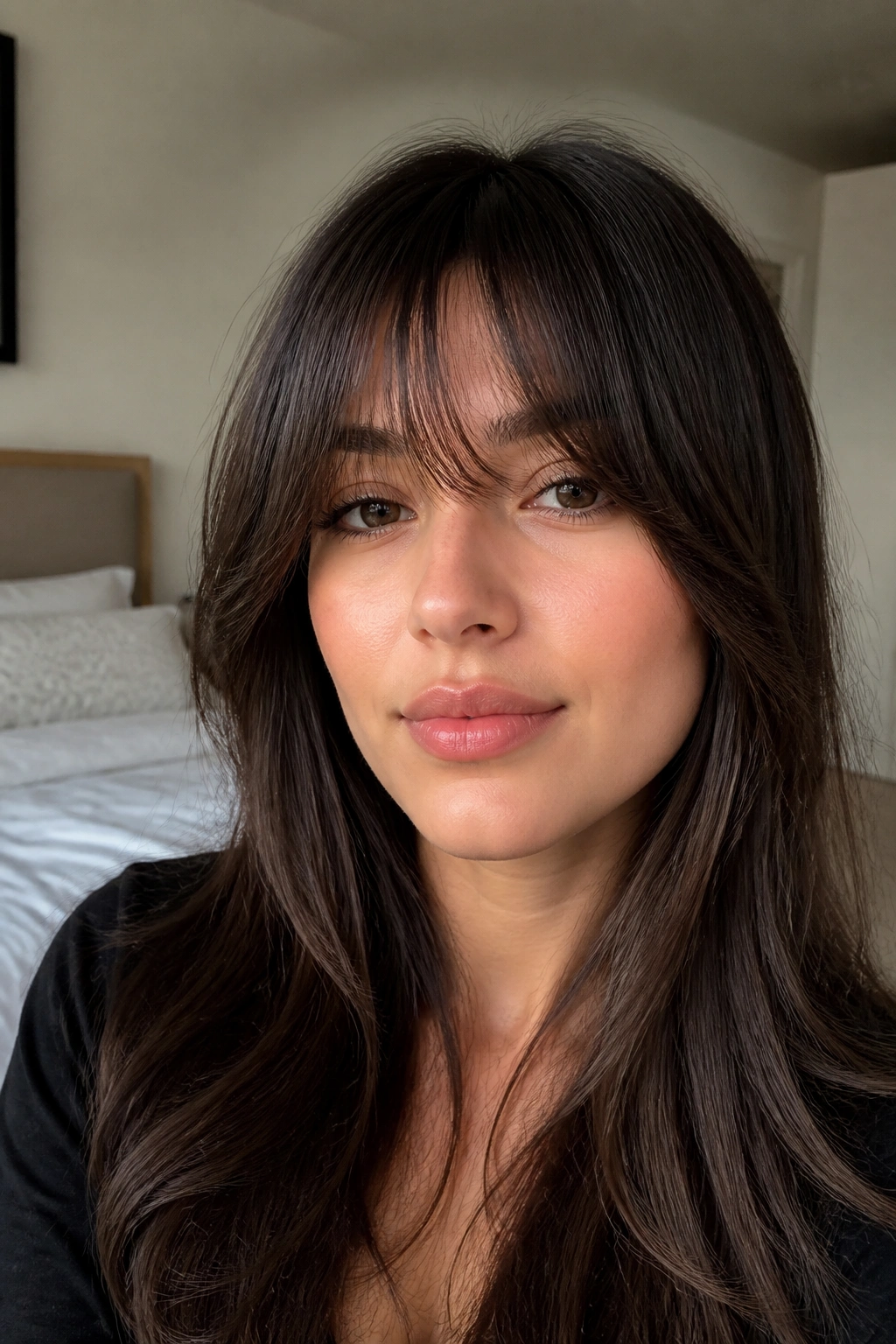 Real woman with internal layered fringe soft around the brow