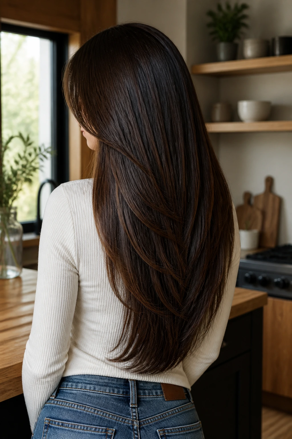 Back-of-head view of a real woman showing internal layers under long hair