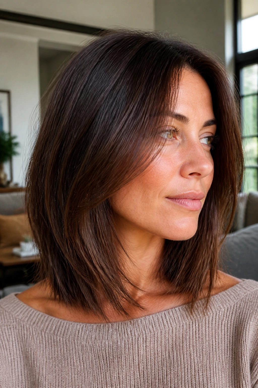Close-up of a real woman with internal layers in a mid-length lob, outer perimeter clean