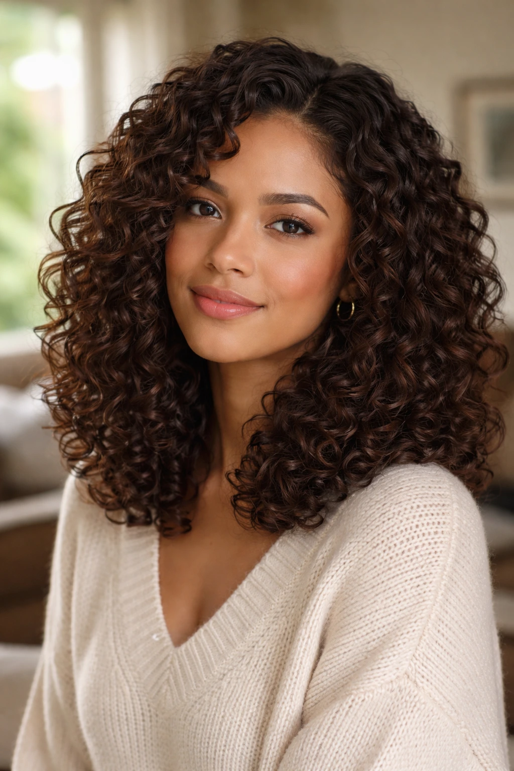 Real woman with shoulder-length chocolate coils and internal layers