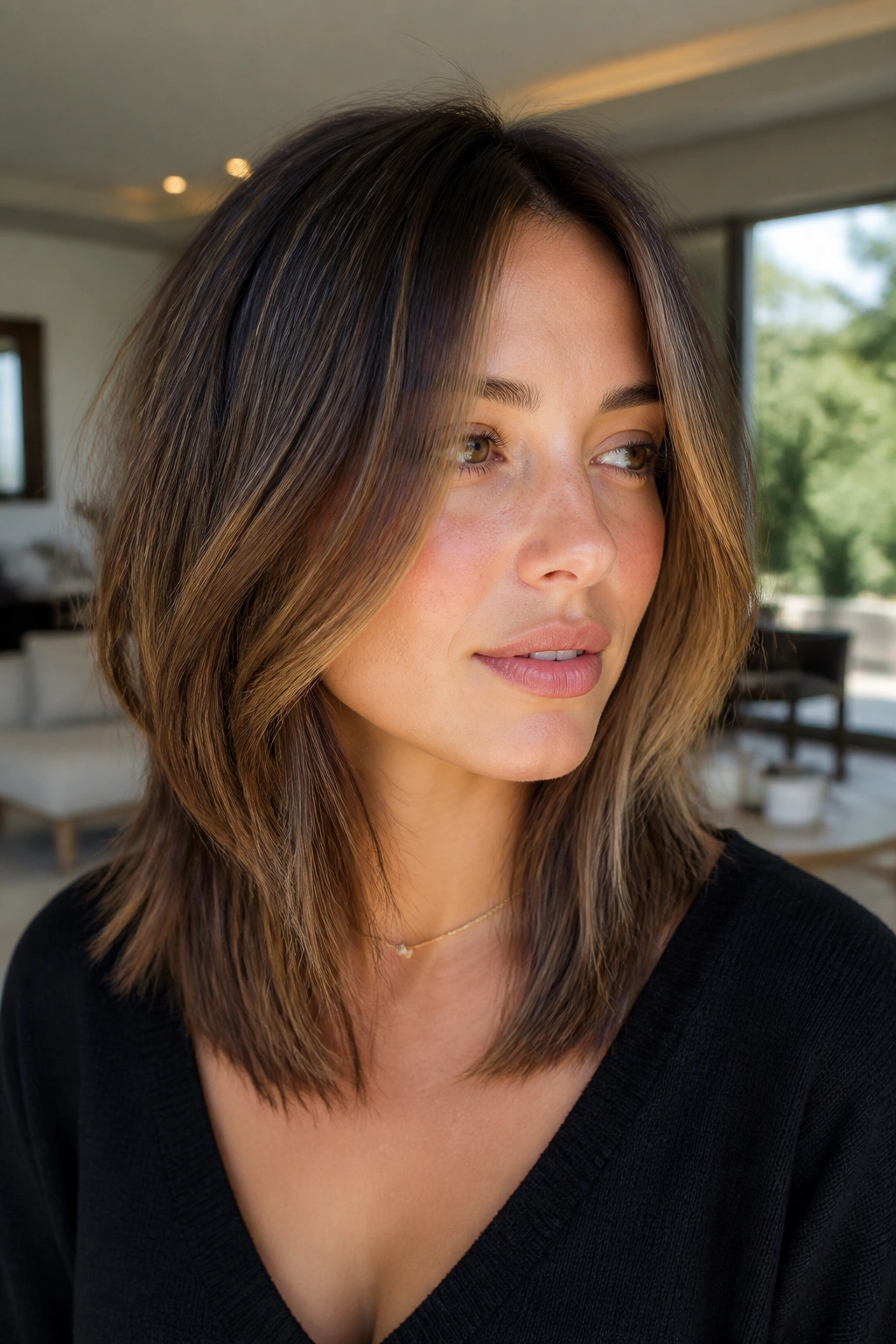 Close-up portrait of a real woman with internal layered texture in hair