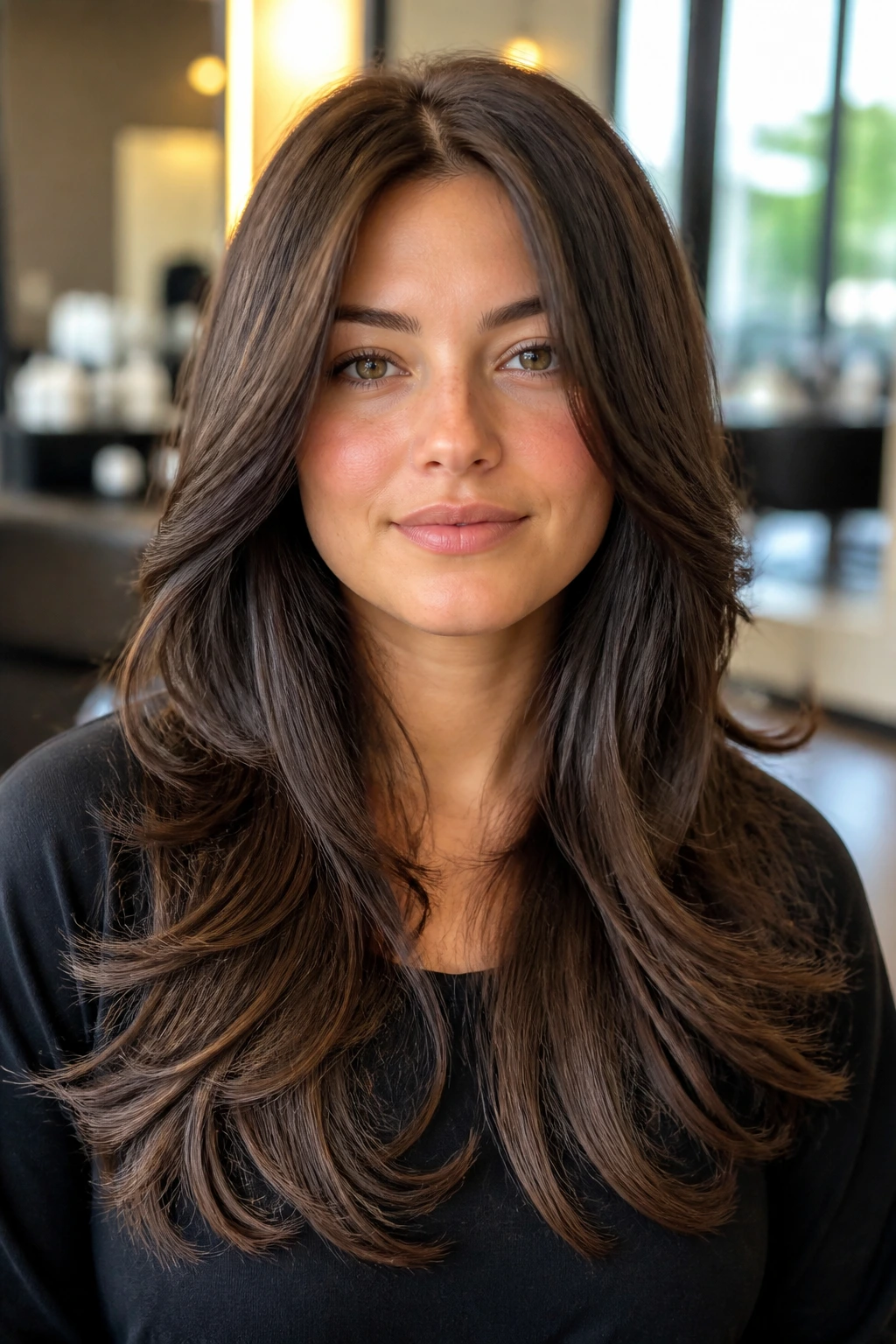 Real woman with thick brown hair showing internal layers for shape in salon light