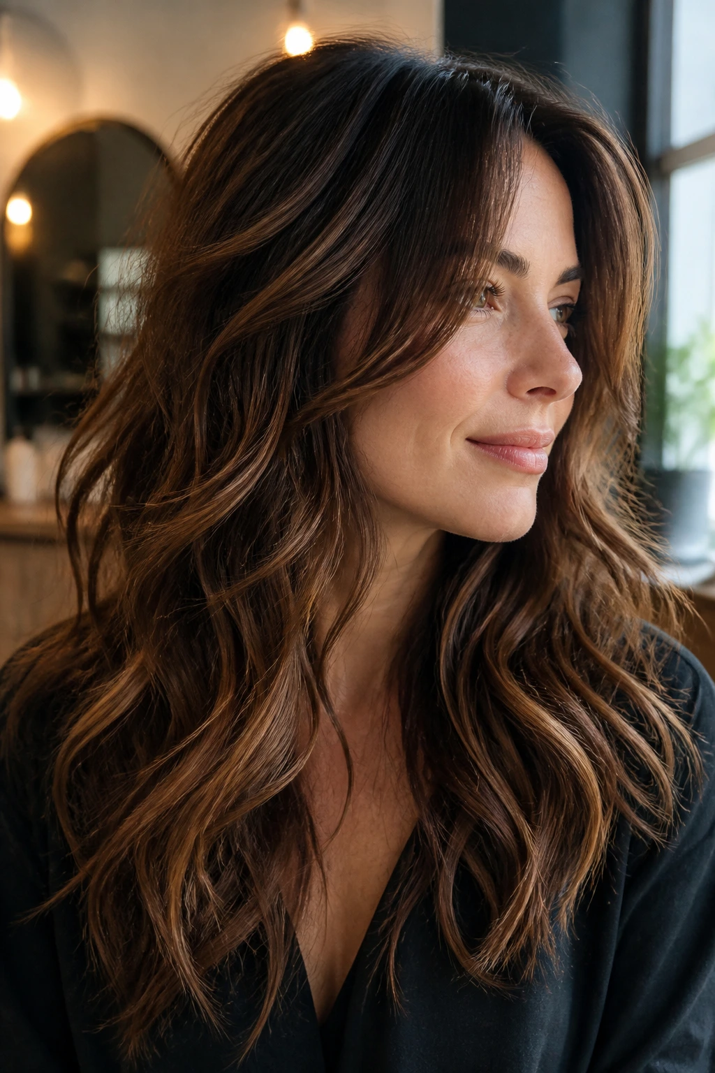 Close-up of real woman with long wavy hair showing internal layering for movement
