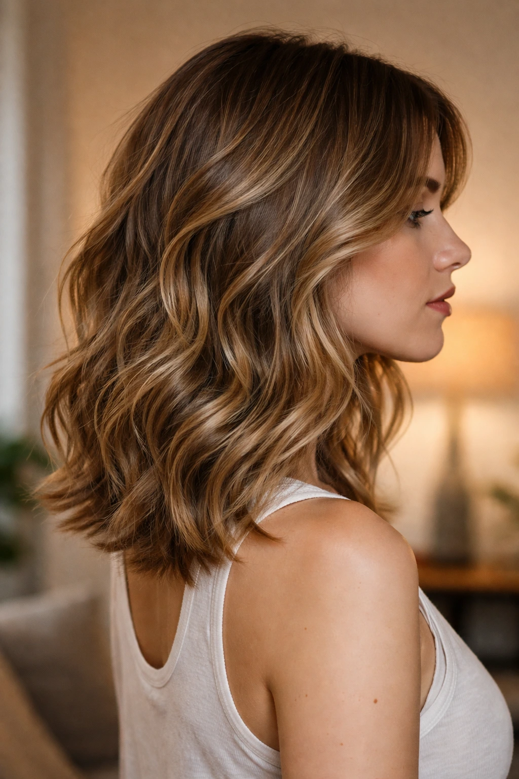 Close-up profile of real woman showing soft internal texture on wavy ends