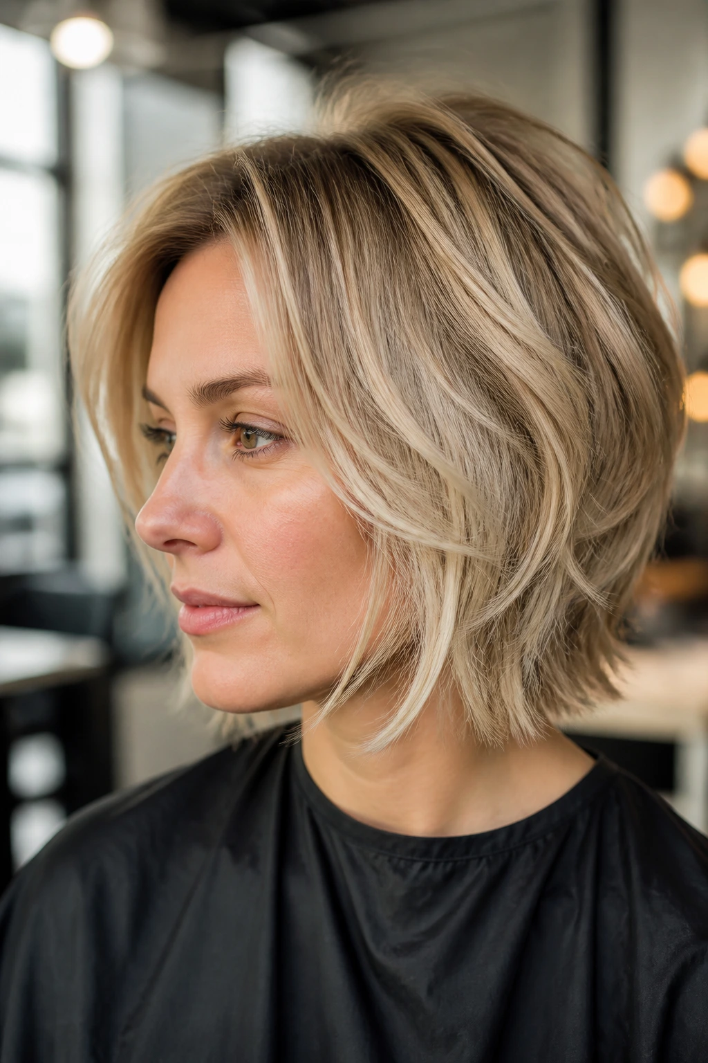 Close-up of a real woman with internal-volume blonde bob shag in a bright salon