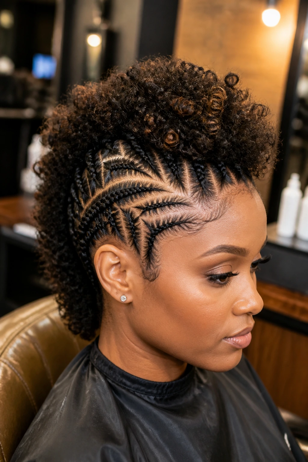 Close-up of a Black woman with intricate cornrow detailing leading to a curly crown