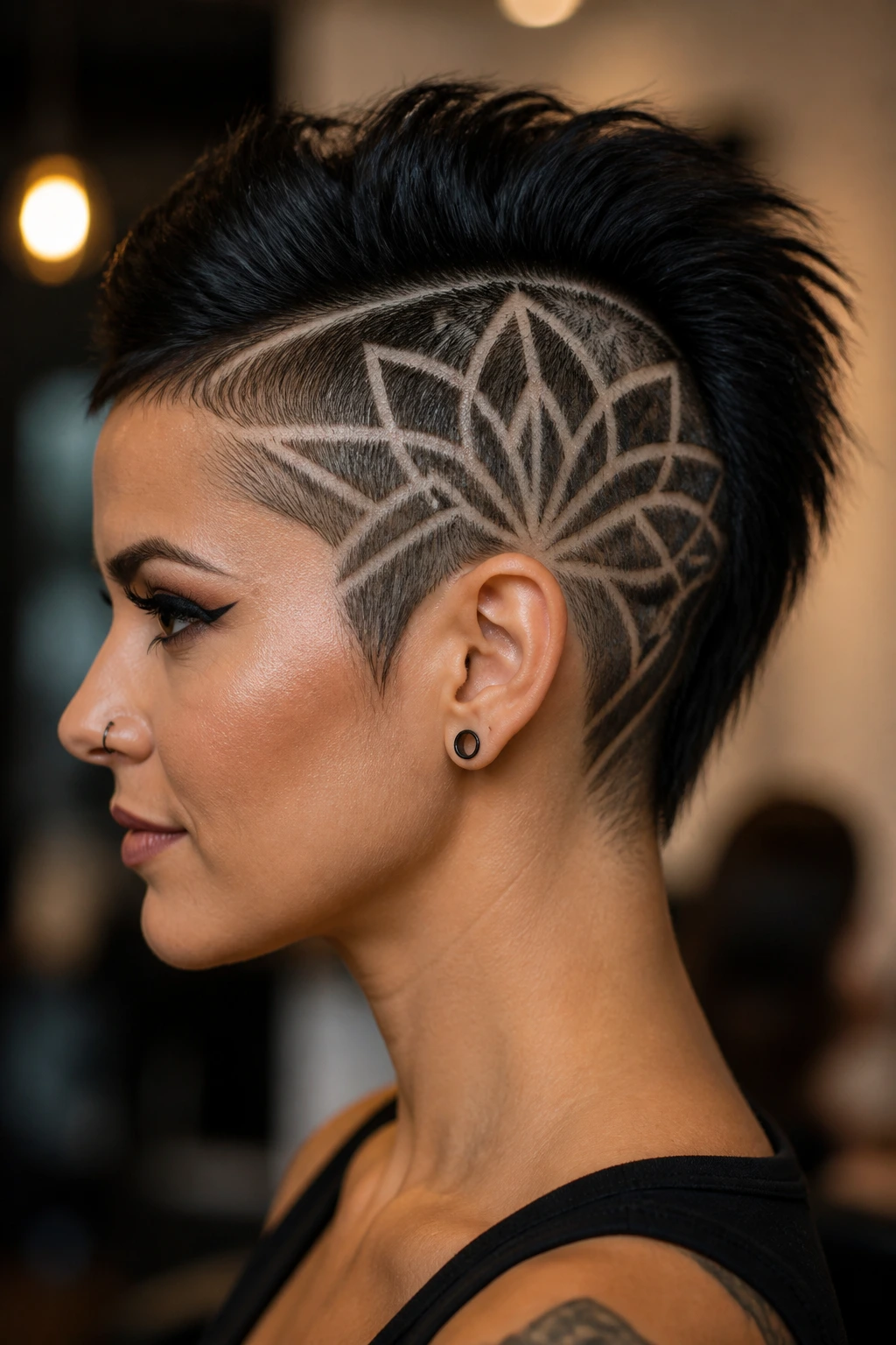 Side-profile of a real person with intricate shaved patterns on the sides.