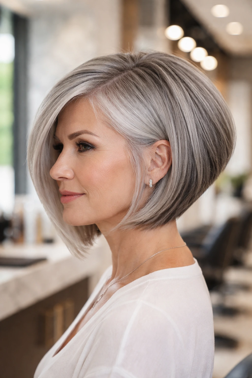 Three-quarter portrait of a real woman with an inverted A-line bob in a modern salon
