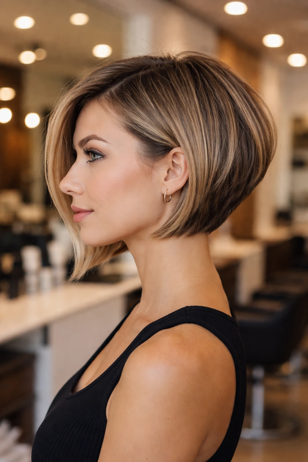 Three-quarter portrait of a real woman with an inverted angled bob