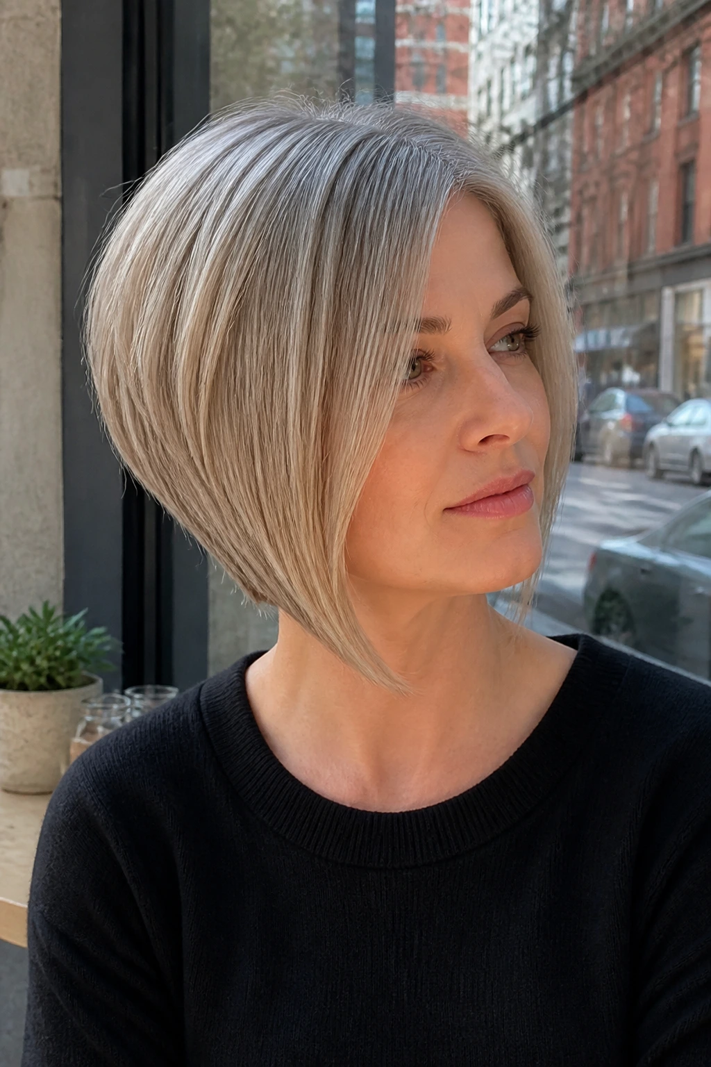 Side profile of a real woman with inverted ash bob showing back-to-front length contrast.