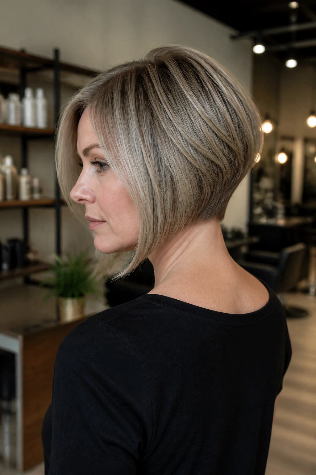 Profile portrait of inverted ash bob with lifted nape on a real woman