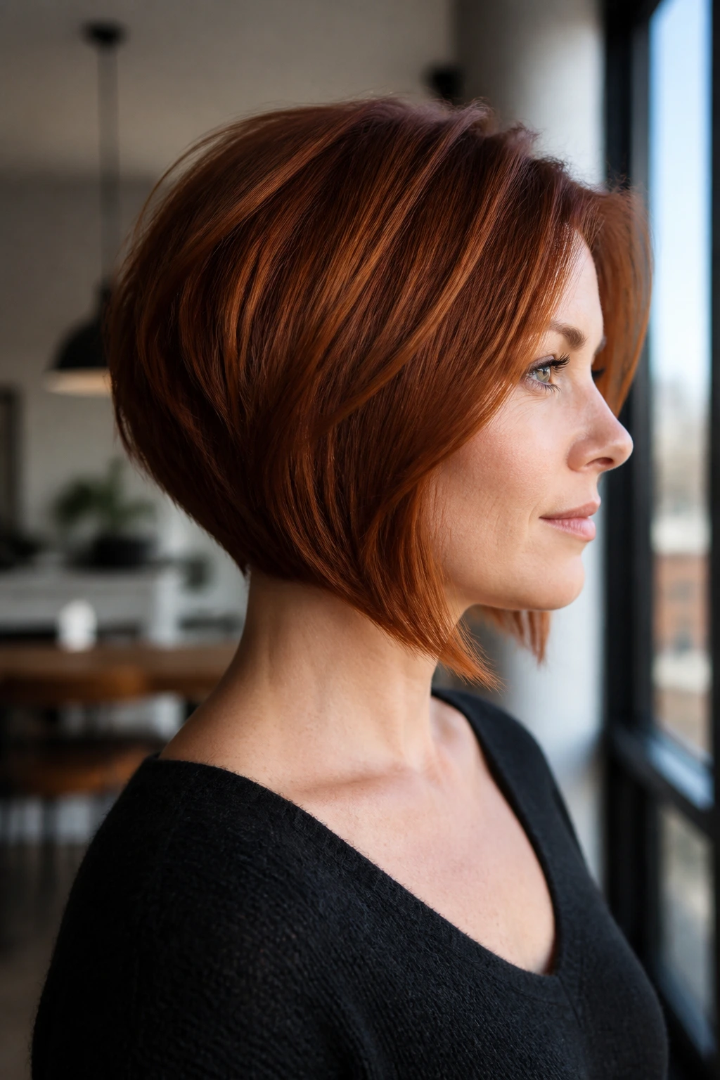 Close-up of a real woman with inverted auburn bob and dramatic angled silhouette