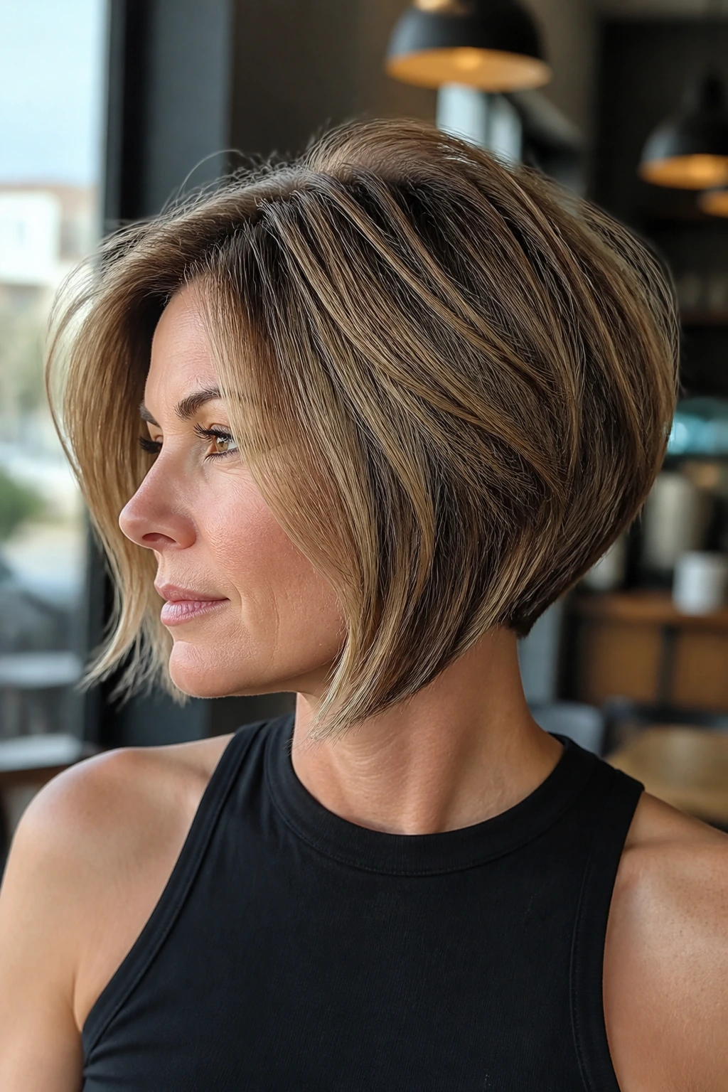 Close-up of a real woman with inverted bob and airy crown