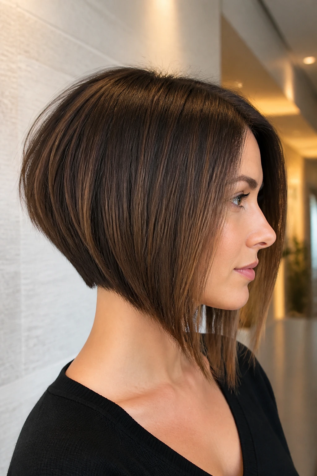 Portrait of a real woman with an inverted bob showing a shorter back and longer front